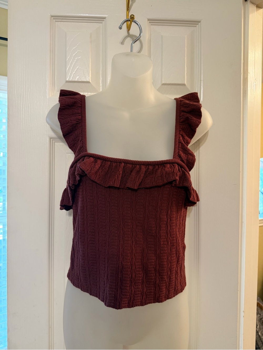 GB Ruffled Knit Square-Neck Crop Top - Burgundy